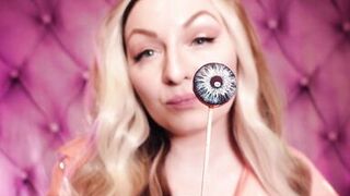 ASMR: blue nitrile gloves and candy engulfing, wearing pink PVC coat, cutie in braces (Arya Grander)