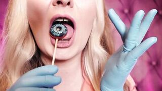 ASMR: blue nitrile gloves and candy engulfing, wearing pink PVC coat, cutie in braces (Arya Grander)
