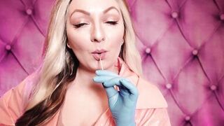 ASMR: blue nitrile gloves and candy engulfing, wearing pink PVC coat, cutie in braces (Arya Grander)
