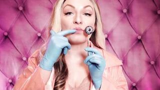 ASMR: blue nitrile gloves and candy engulfing, wearing pink PVC coat, cutie in braces (Arya Grander)