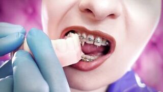 ASMR: eating food with braces, blue nitrile gloves fetish (SFW movie) Arya Grander - 10 image