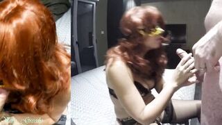 Redhead MILF in sexy lingerie and stockings gives a blowjob and takes a big cumshot on her big tits