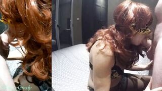 Redhead MILF in sexy lingerie and stockings gives a blowjob and takes a big cumshot on her big tits