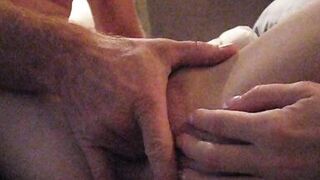 Playing with her big clit and wet pussy while she jerks off my big dick!