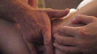 Playing with her big clit and wet pussy while she jerks off my big dick!