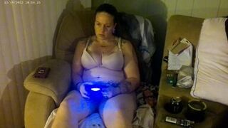 Busty Long Hair Brunette In Bra and Panties Playing PlayStation