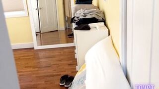 Stepsister gets caught masturbating by her stepbrother and then asks him to help