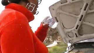 Sexy German ebony getting her huge tits covered with cum outdoors