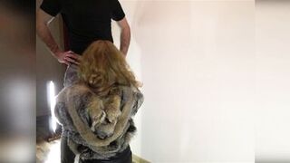 Hot passionate standing fuck in clothes, fur coat, leather legging, leather high heels