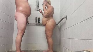 Shower sex with cum in her mouth, after a standing doggystyle session, tits are bouncing ass n thighs are jiggling - 1 image