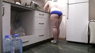 BBW MILF housewife in the kitchen wearing only panties. - 15 image