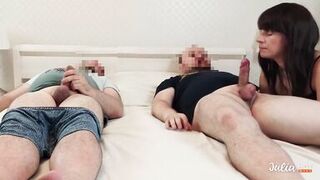 Shared his wife with a friend. Sexy milf fucks with her lover with her husband. Cuckold.